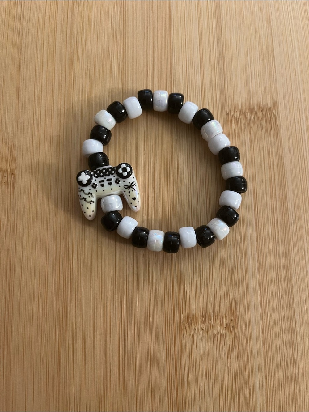 Black & White Beaded Stretch Bracelet with Game Controller Charm